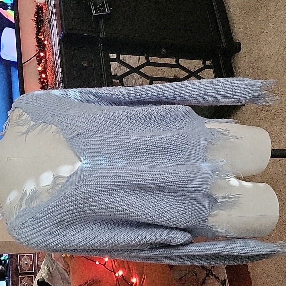 Off Shoulder Distressed Blue Pullover - image 2